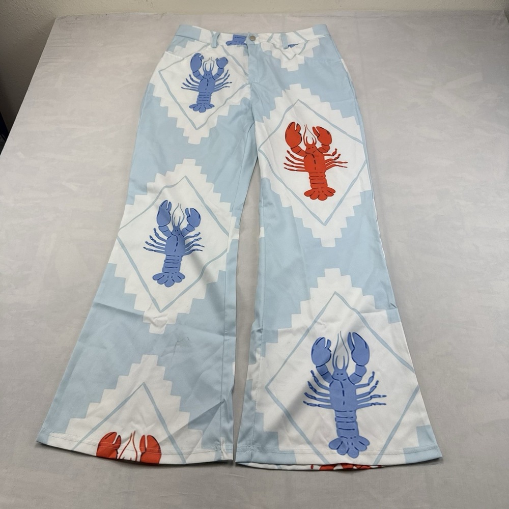 Women's L Wide Leg Lobster Print Pants Blue White Coastal